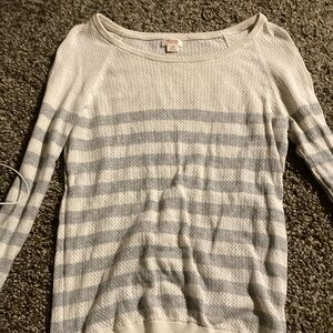 White and grey/blue striped shirt